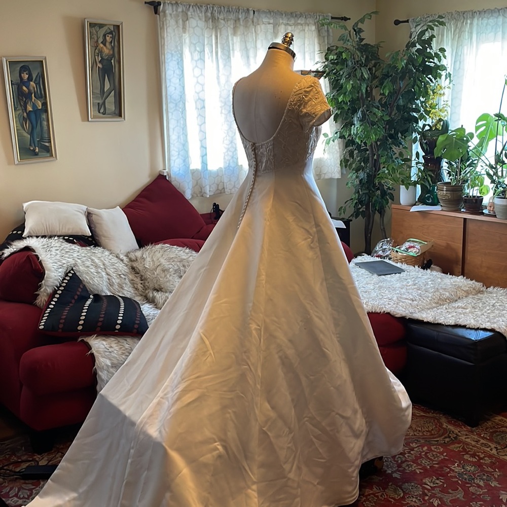 Jasmine White Satin A-Line Wedding Dress with Lace Bodice - Picture 6 of 16
